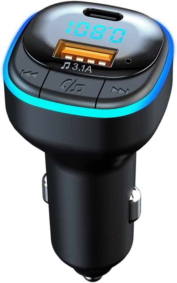 Bluetooth 5.0 FM Transmitter for Car, Hands Free Calling, Built-in Over-Current Protection, 5V/3.1A Quick Charger & Blue Colors LED Backlit Car Radio Bluetooth Adapter, Support USB Disk