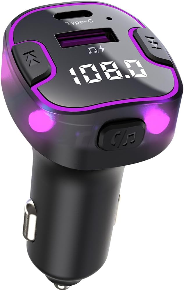 Bluetooth 5.0 FM Transmitter for Car, Hands Free Calling, Built-in Over-Current Protection, 5V/3.1A Quick Charger & Blue Colors LED Backlit Car Radio Bluetooth Adapter, Support USB Disk