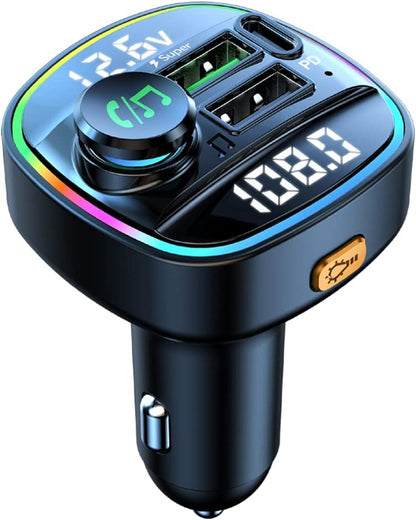 Bluetooth 5.0 FM Transmitter for Car, Hands Free Calling, Built-in Over-Current Protection, 5V/3.1A Quick Charger & Blue Colors LED Backlit Car Radio Bluetooth Adapter, Support USB Disk