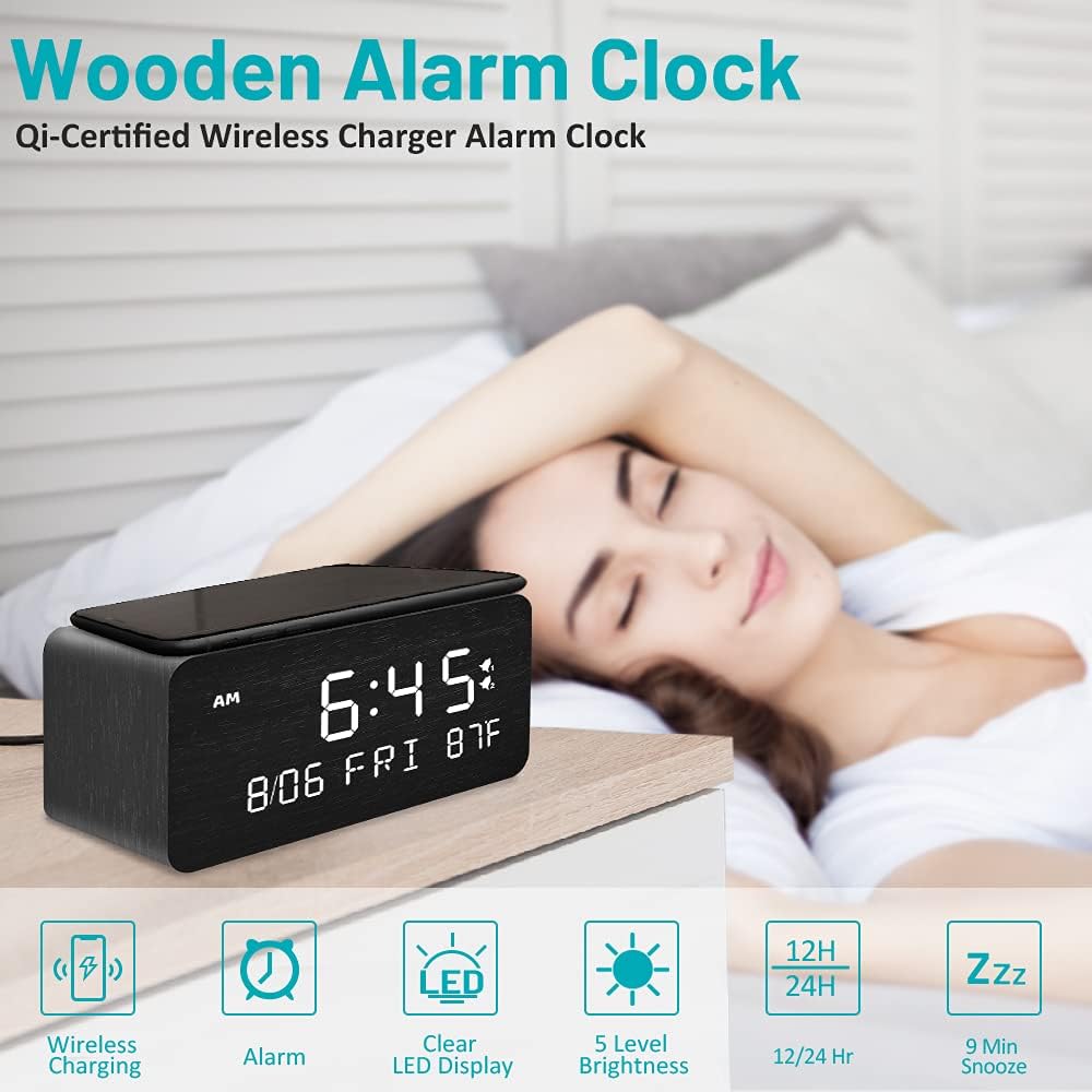 Andoolex Wooden Digital Alarm Clock with Wireless Charging, 0-100% Adjustable Brightness Dimmer and Alarm Volume, Weekday/Weekend Mode, Dual Alarm, Snooze, 12/24H, Wood LED Clock for Bedroom (Black)