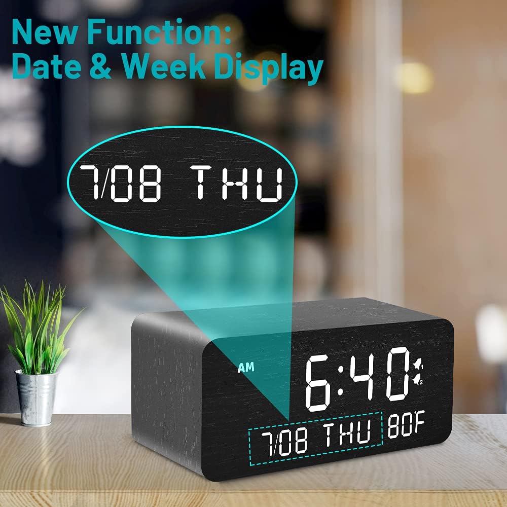 Andoolex Wooden Digital Alarm Clock with Wireless Charging, 0-100% Adjustable Brightness Dimmer and Alarm Volume, Weekday/Weekend Mode, Dual Alarm, Snooze, 12/24H, Wood LED Clock for Bedroom (Black)