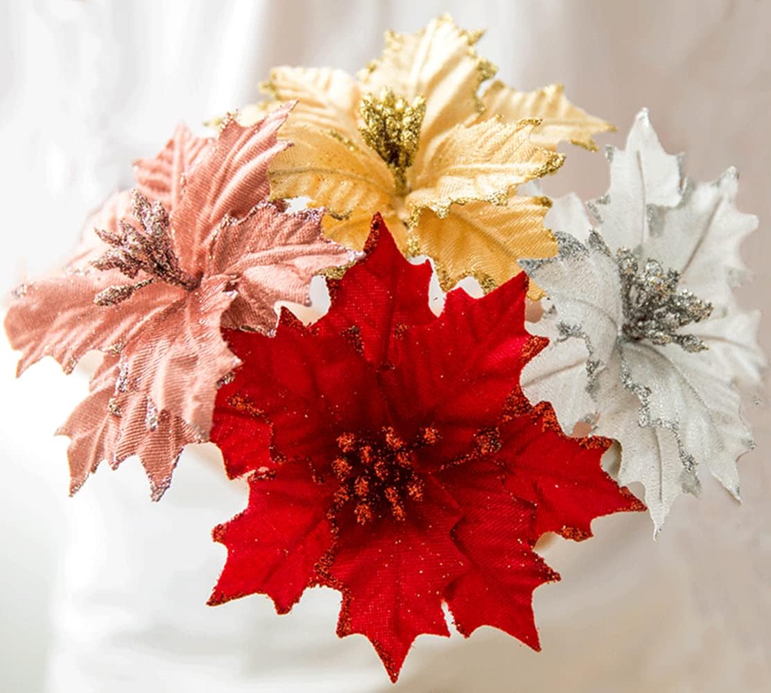 Ansho Pack of 6 Glitter Poinsettia Flower Large Artificial Christmas Flower Decoration Christmas Tree Ornaments Wreath Garland Decoration (Gold)