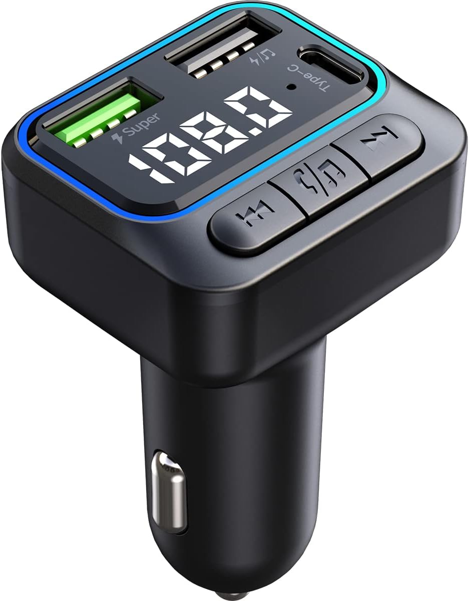 Bluetooth 5.0 FM Transmitter for Car, Hands Free Calling, Built-in Over-Current Protection, 5V/3.1A Quick Charger & Blue Colors LED Backlit Car Radio Bluetooth Adapter, Support USB Disk