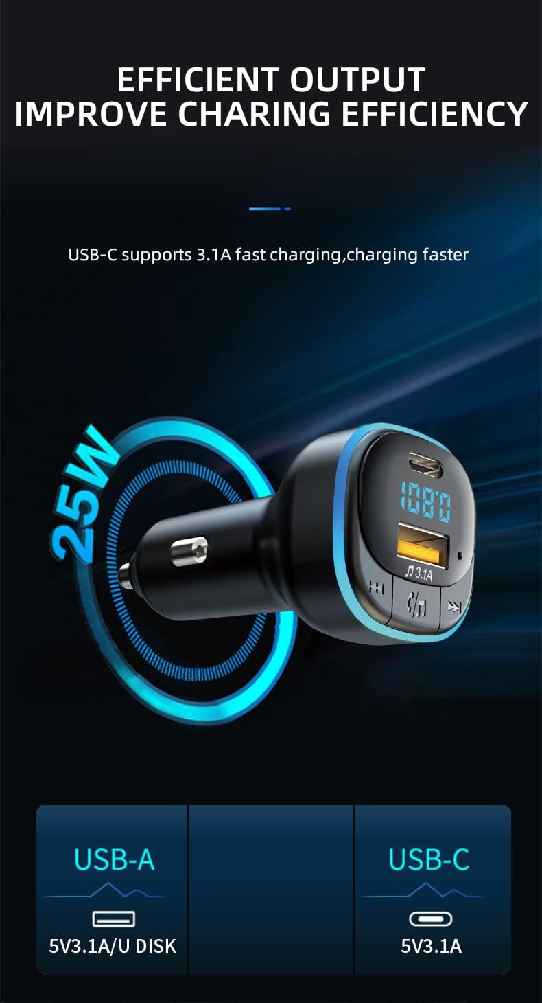 Bluetooth 5.0 FM Transmitter for Car, Hands Free Calling, Built-in Over-Current Protection, 5V/3.1A Quick Charger & Blue Colors LED Backlit Car Radio Bluetooth Adapter, Support USB Disk