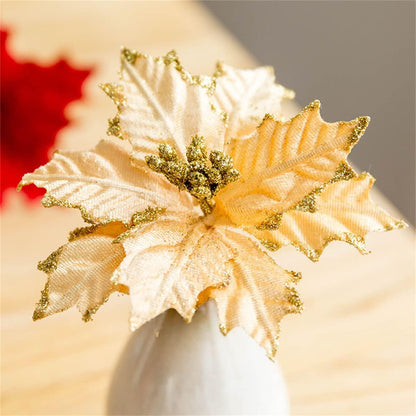 Ansho Pack of 6 Glitter Poinsettia Flower Large Artificial Christmas Flower Decoration Christmas Tree Ornaments Wreath Garland Decoration (Gold)