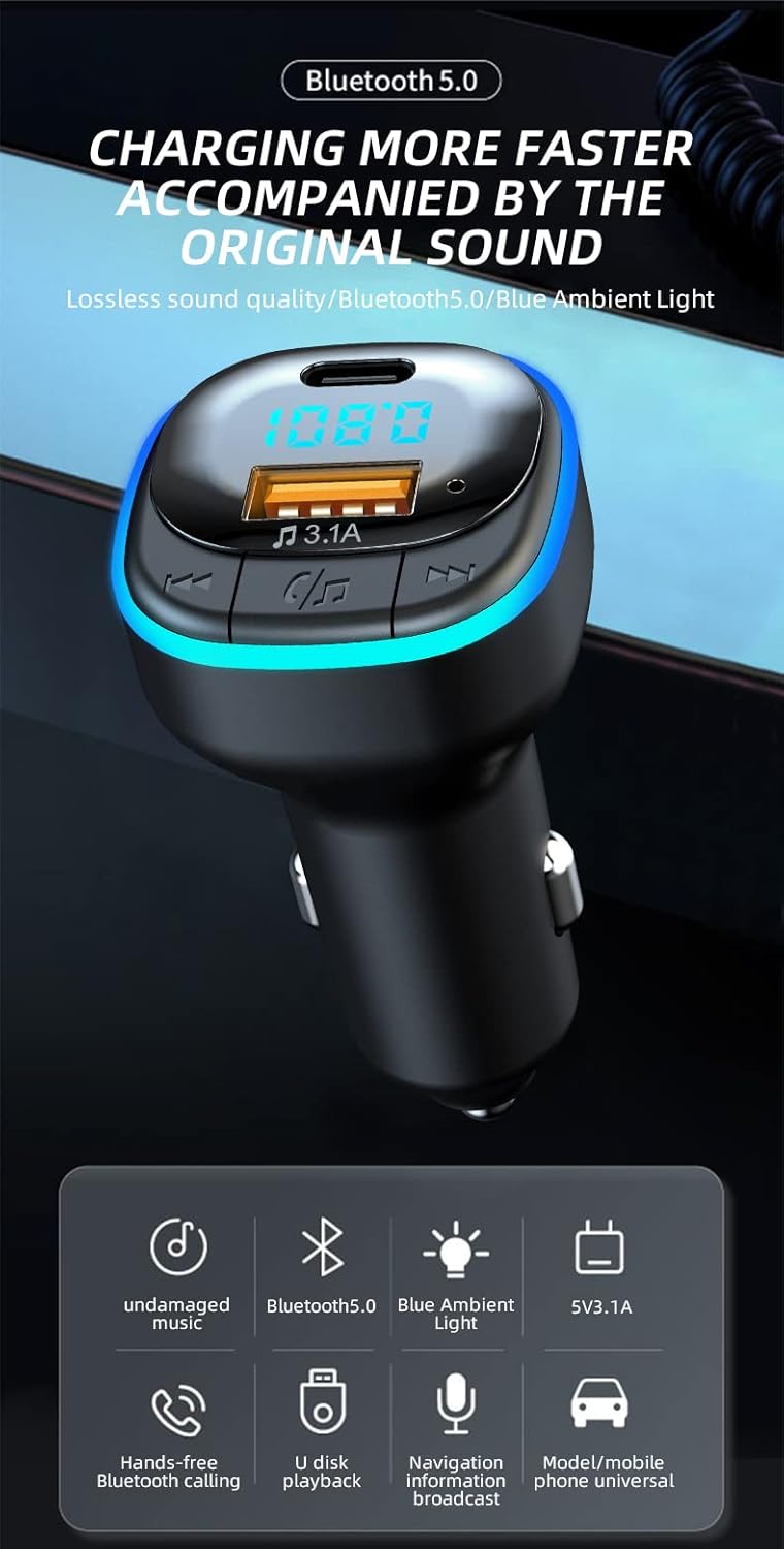 Bluetooth 5.0 FM Transmitter for Car, Hands Free Calling, Built-in Over-Current Protection, 5V/3.1A Quick Charger & Blue Colors LED Backlit Car Radio Bluetooth Adapter, Support USB Disk