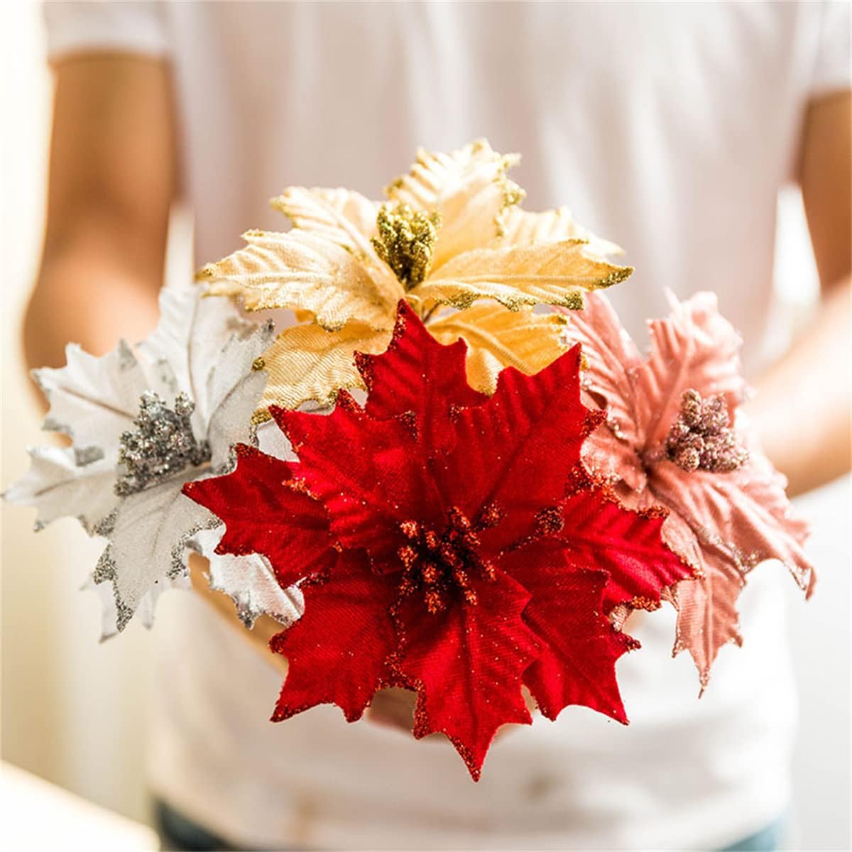 Ansho Pack of 6 Glitter Poinsettia Flower Large Artificial Christmas Flower Decoration Christmas Tree Ornaments Wreath Garland Decoration (Gold)