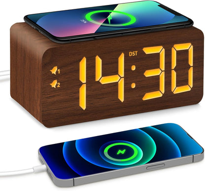 Black Wood Grain Digital Alarm Clock with Fast Wireless Charger, USB Charging Ports, DST, Dimmable, Snooze, Large Time LED Display for Bedrooms, Desk, Living Room Table, Bedside, Nightstand