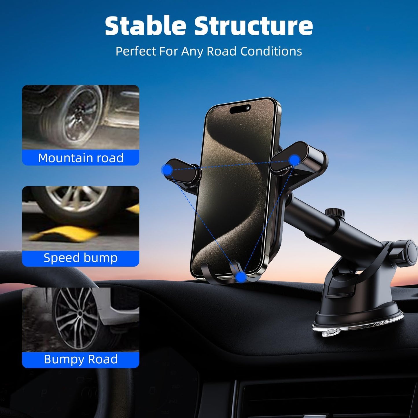 Car Phone Mount Holder [Gravity Automatic Lock] Universal Cell Phone Cradle Stand for Desk Car Dashboard Windshield with Strong Suction Cup and Extend Arm - Fits All Cell Phones