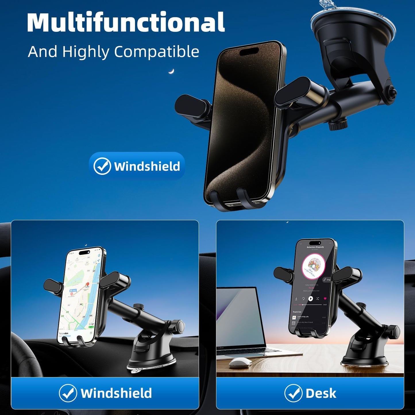 Car Phone Mount Holder [Gravity Automatic Lock] Universal Cell Phone Cradle Stand for Desk Car Dashboard Windshield with Strong Suction Cup and Extend Arm - Fits All Cell Phones