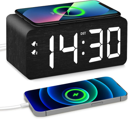 Black Wood Grain Digital Alarm Clock with Fast Wireless Charger, USB Charging Ports, DST, Dimmable, Snooze, Large Time LED Display for Bedrooms, Desk, Living Room Table, Bedside, Nightstand