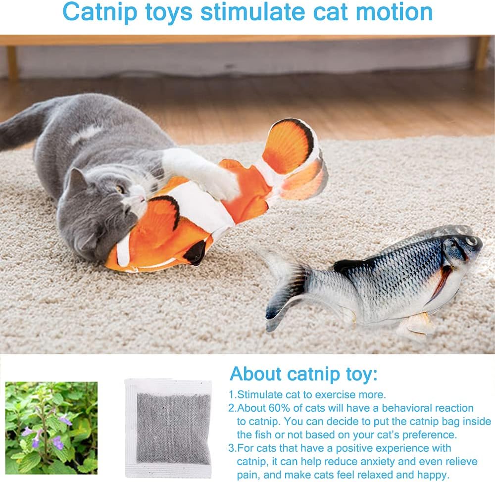 Cat Toys Automatic Flopping Fish with Catnip, 2 Pack Interactive Cat Toy for Indoor Cats, 11" Electric Moving Pet Kicker Exercise Toy, Wiggle SilverVine Floppy Fish for Small Dogs, Kitten