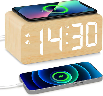 Black Wood Grain Digital Alarm Clock with Fast Wireless Charger, USB Charging Ports, DST, Dimmable, Snooze, Large Time LED Display for Bedrooms, Desk, Living Room Table, Bedside, Nightstand