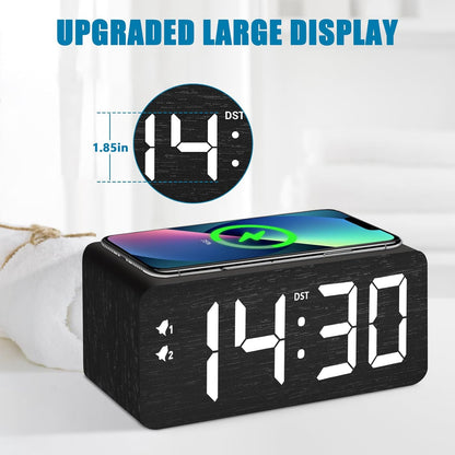 Black Wood Grain Digital Alarm Clock with Fast Wireless Charger, USB Charging Ports, DST, Dimmable, Snooze, Large Time LED Display for Bedrooms, Desk, Living Room Table, Bedside, Nightstand