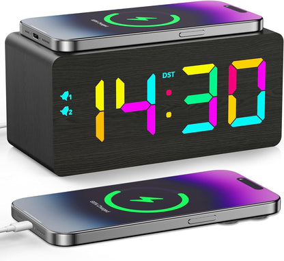 Black Wood Grain Digital Alarm Clock with Fast Wireless Charger, USB Charging Ports, DST, Dimmable, Snooze, Large Time LED Display for Bedrooms, Desk, Living Room Table, Bedside, Nightstand