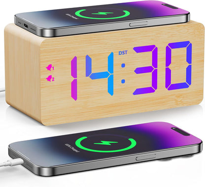 Black Wood Grain Digital Alarm Clock with Fast Wireless Charger, USB Charging Ports, DST, Dimmable, Snooze, Large Time LED Display for Bedrooms, Desk, Living Room Table, Bedside, Nightstand