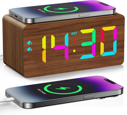 Black Wood Grain Digital Alarm Clock with Fast Wireless Charger, USB Charging Ports, DST, Dimmable, Snooze, Large Time LED Display for Bedrooms, Desk, Living Room Table, Bedside, Nightstand